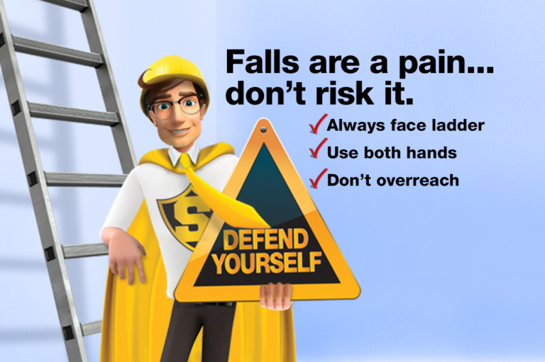 Ladder safety poster with SFM mascot Skip. Learn about ladder safety resources: always face the ladder, use both hands, don't overreach, and more.