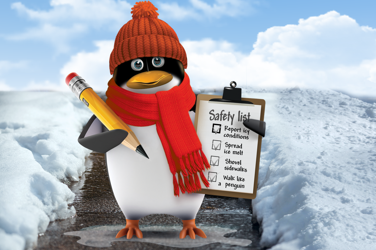 SFM penguin mascot. Learn about preventing late winter slips and falls.