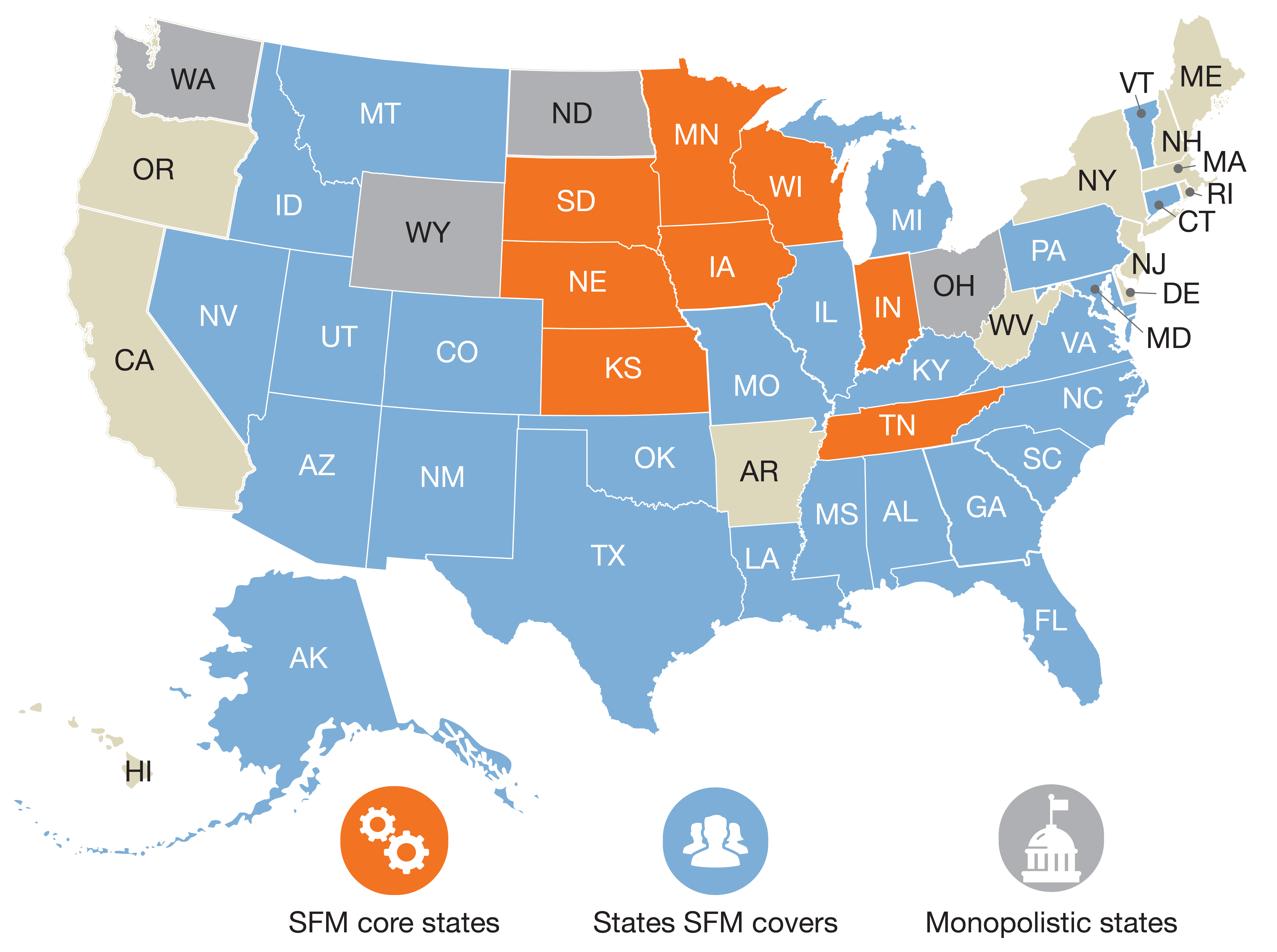 Map that shows SFM's states of coverage: Alabama, Alaska, Arizona, Colorado, Connecticut, Florida, Georgia, Kansas, Kentucky, Idaho, Illinois, Indiana, Iowa, Kansas, Louisiana, Maryland, Michigan, Minnesota, Mississippi, Missouri, Montana, Nebraska, Nevada, New Mexico, North Carolina, Oklahoma, Pennsylvania, South Carolina, South Dakota, Tennessee, Texas, Utah, Vermont, Virginia and Wisconsin