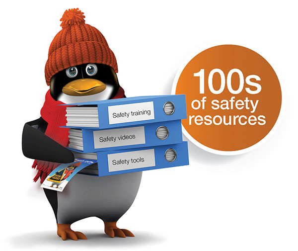 Image of the SFM penguin showing the hundreds of winter slip and fall safety resources SFM has available