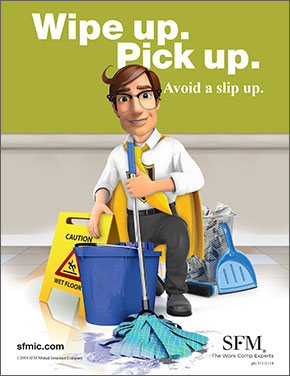 Wipe up, pick up, avoid a slip up poster